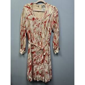 Vintage 70’s Pleated Midi Dress Union Tag JS Womens Size 16 Red Gold Foil Jackie